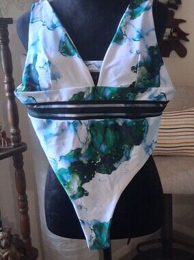 SHEIN White One-Piece Swimsuit with Green & Blue Marble Print